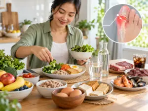Wanita menyiapkan menu sehat untuk diet asam urat dengan sayuran, buah, telur, tahu, tempe, air putih, serta ilustrasi nyeri gout pada ibu jari kaki.