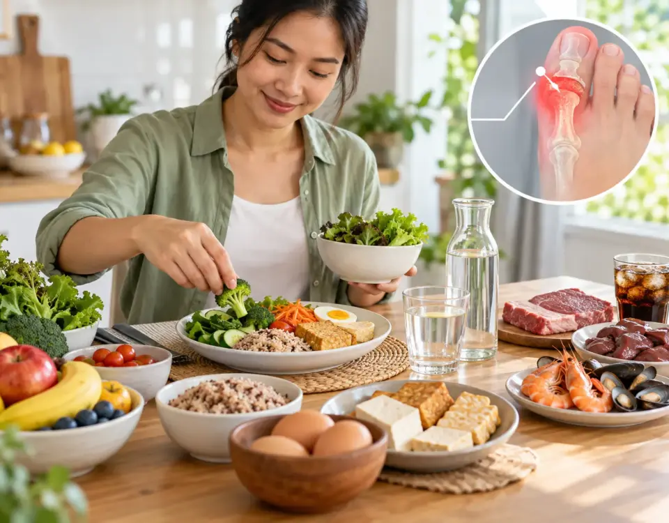 Wanita menyiapkan menu sehat untuk diet asam urat dengan sayuran, buah, telur, tahu, tempe, air putih, serta ilustrasi nyeri gout pada ibu jari kaki.