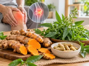 Kunyit dan sambiloto sebagai herbal untuk kesehatan sendi dengan ilustrasi nyeri dan peradangan pada sendi lutut.