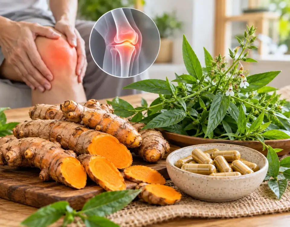 Kunyit dan sambiloto sebagai herbal untuk kesehatan sendi dengan ilustrasi nyeri dan peradangan pada sendi lutut.