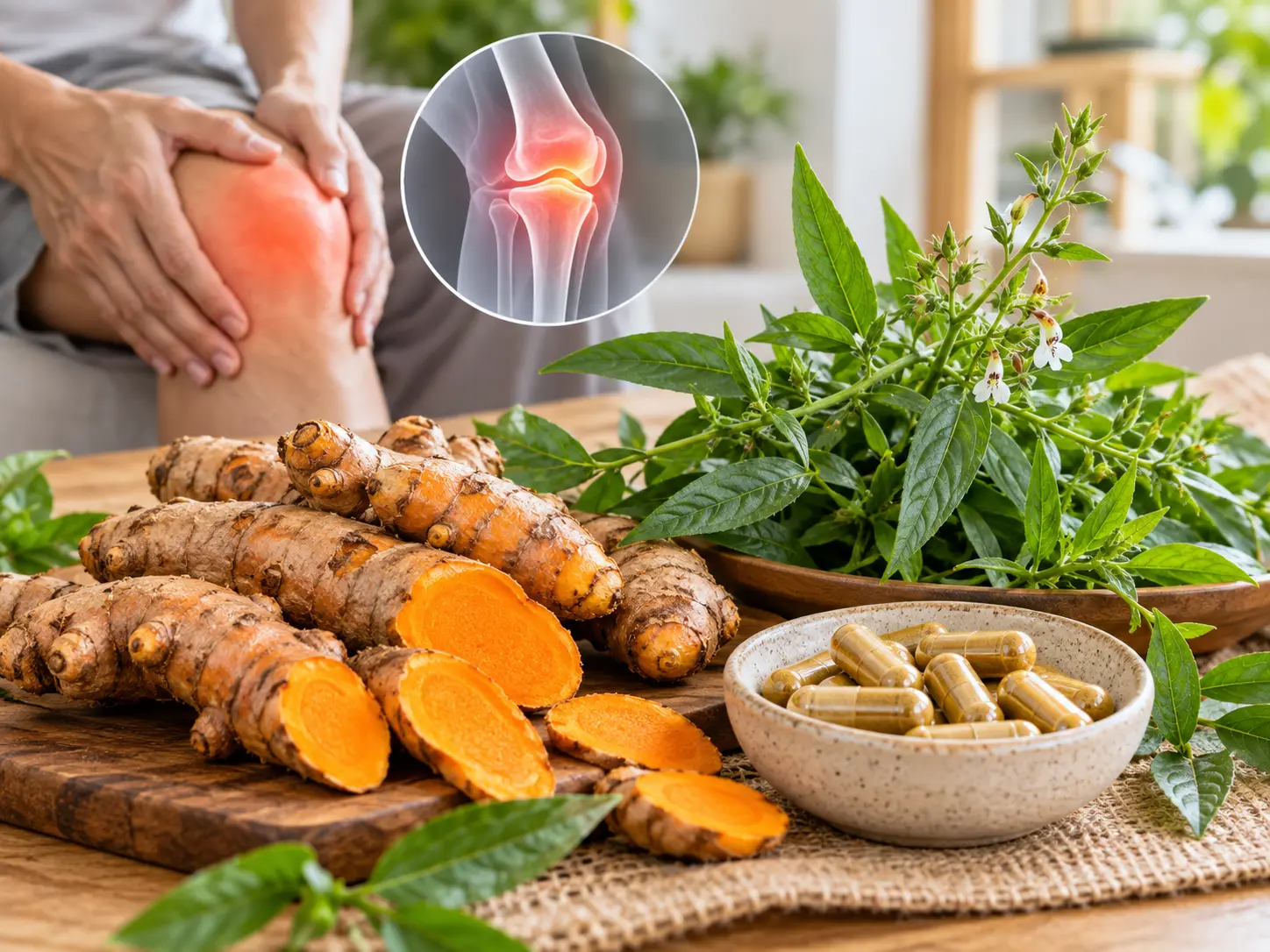 Kunyit dan sambiloto sebagai herbal untuk kesehatan sendi dengan ilustrasi nyeri dan peradangan pada sendi lutut.