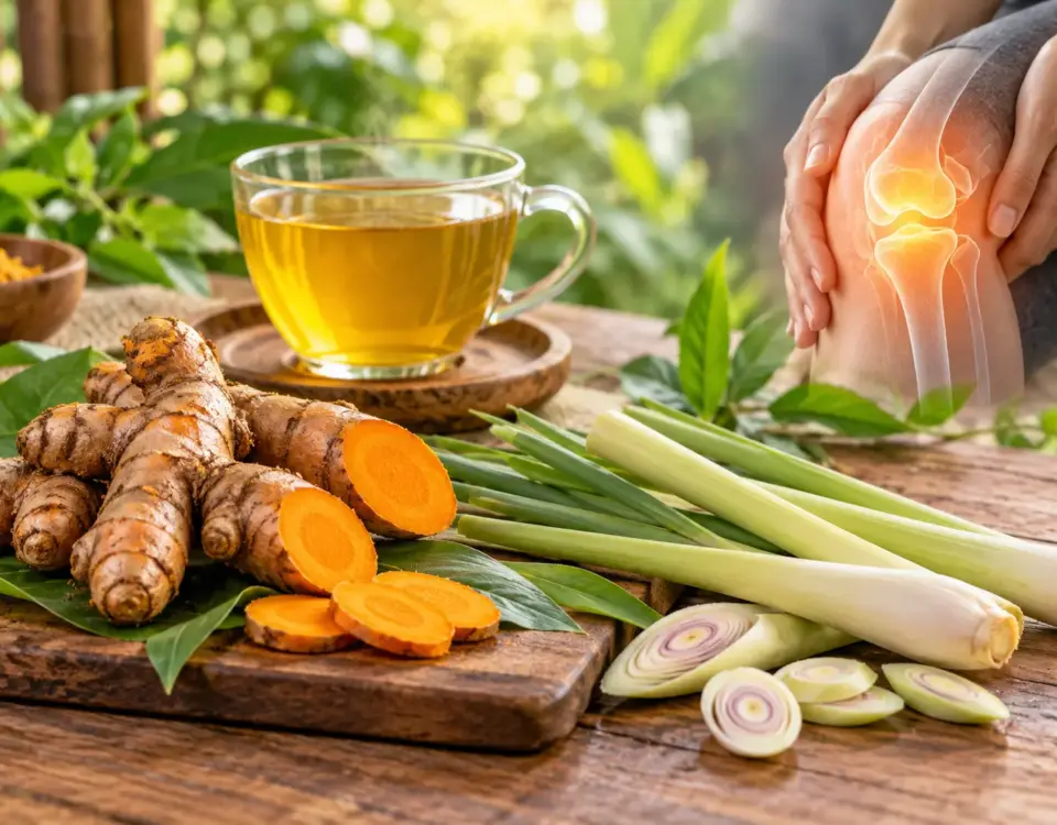 Kunyit dan sereh dengan minuman herbal hangat serta ilustrasi sendi lutut, menggambarkan kombinasi herbal untuk kesehatan persendian.
