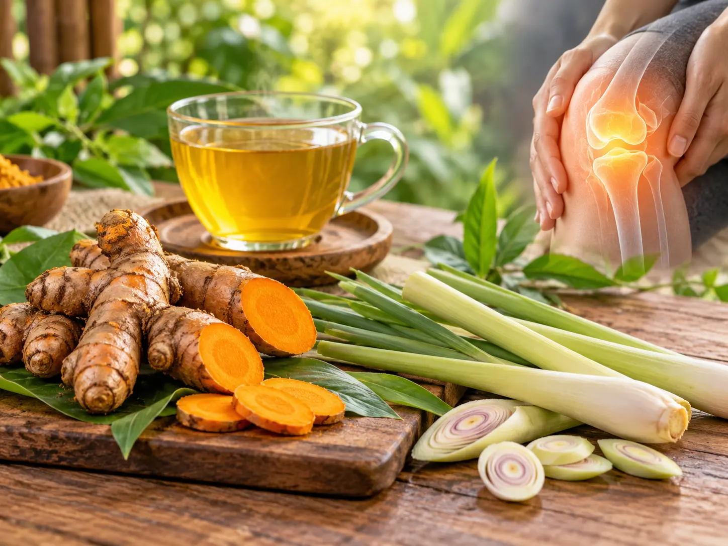 Kunyit dan sereh dengan minuman herbal hangat serta ilustrasi sendi lutut, menggambarkan kombinasi herbal untuk kesehatan persendian.