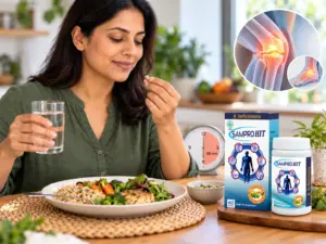 Wanita mengonsumsi kapsul SamproHit sekitar 30 menit setelah makan dengan air putih, disertai ilustrasi sendi lutut dan pergelangan kaki.