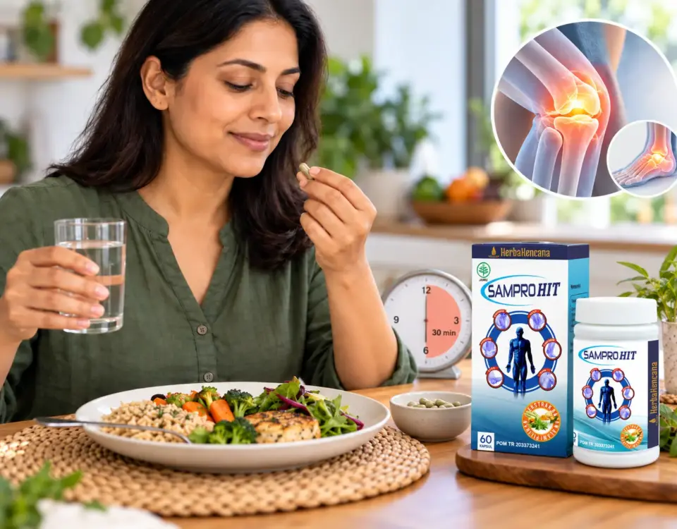 Wanita mengonsumsi kapsul SamproHit sekitar 30 menit setelah makan dengan air putih, disertai ilustrasi sendi lutut dan pergelangan kaki.