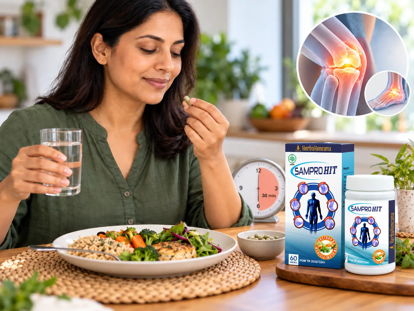 Wanita mengonsumsi kapsul SamproHit sekitar 30 menit setelah makan dengan air putih, disertai ilustrasi sendi lutut dan pergelangan kaki.