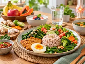 Menu sehat asam urat dengan nasi, sayuran, tahu, telur, buah, yogurt, dan air putih untuk pola makan seimbang.