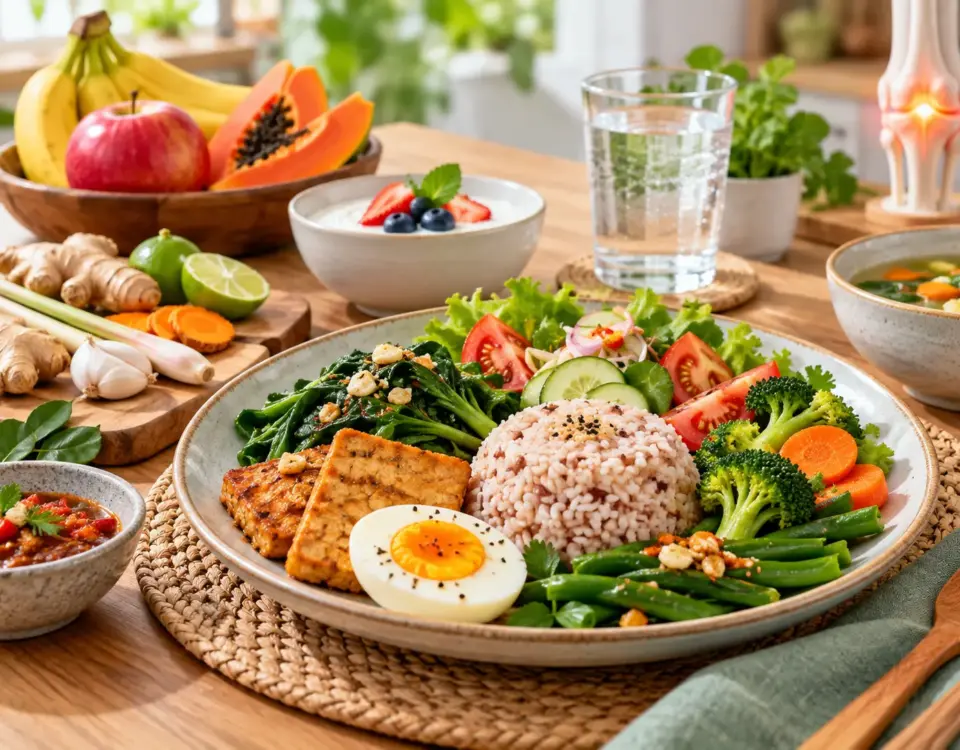 Menu sehat asam urat dengan nasi, sayuran, tahu, telur, buah, yogurt, dan air putih untuk pola makan seimbang.