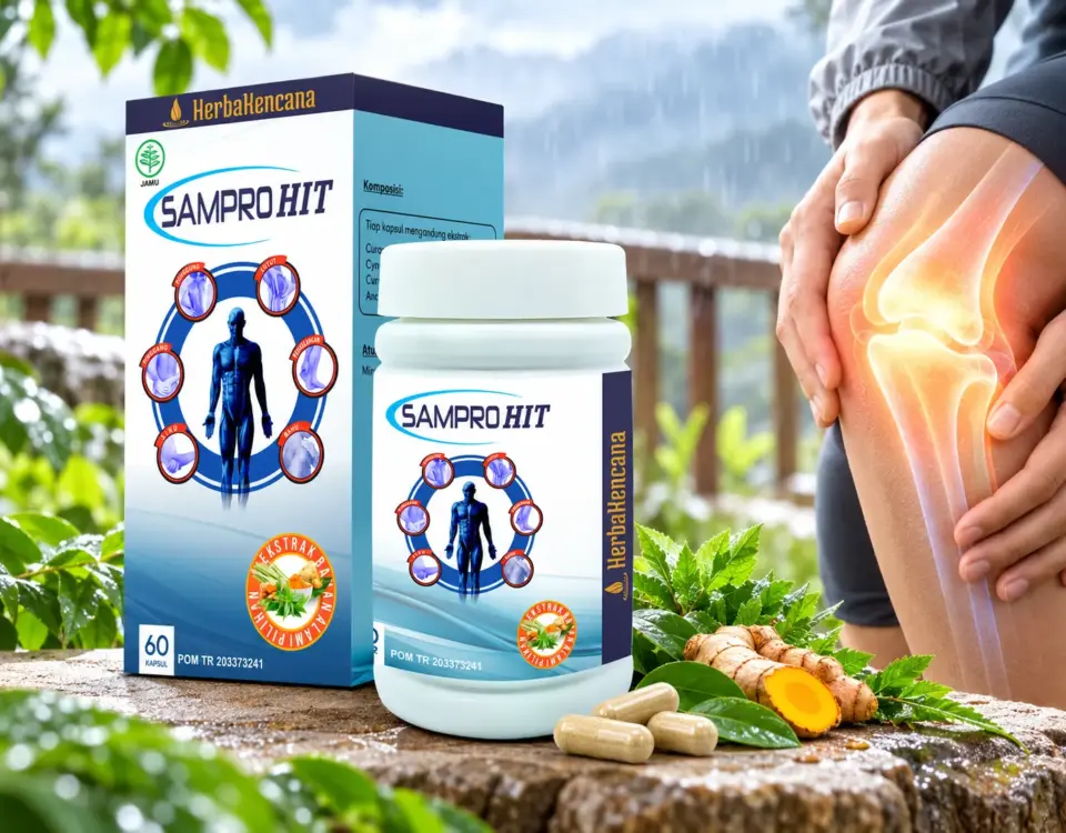 Produk SamproHit HerbaKencana dengan ilustrasi nyeri pada sendi lutut saat cuaca dingin, menggambarkan penggunaan herbal untuk membantu menjaga kenyamanan persendian.