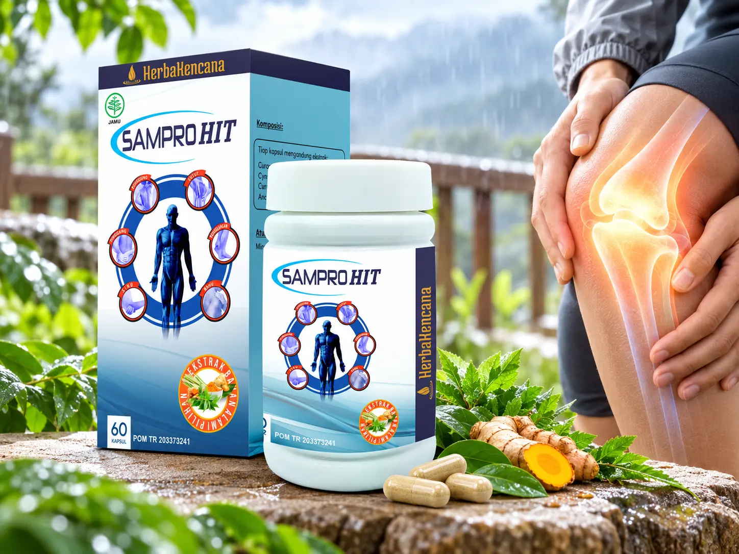Produk SamproHit HerbaKencana dengan ilustrasi nyeri pada sendi lutut saat cuaca dingin, menggambarkan penggunaan herbal untuk membantu menjaga kenyamanan persendian.